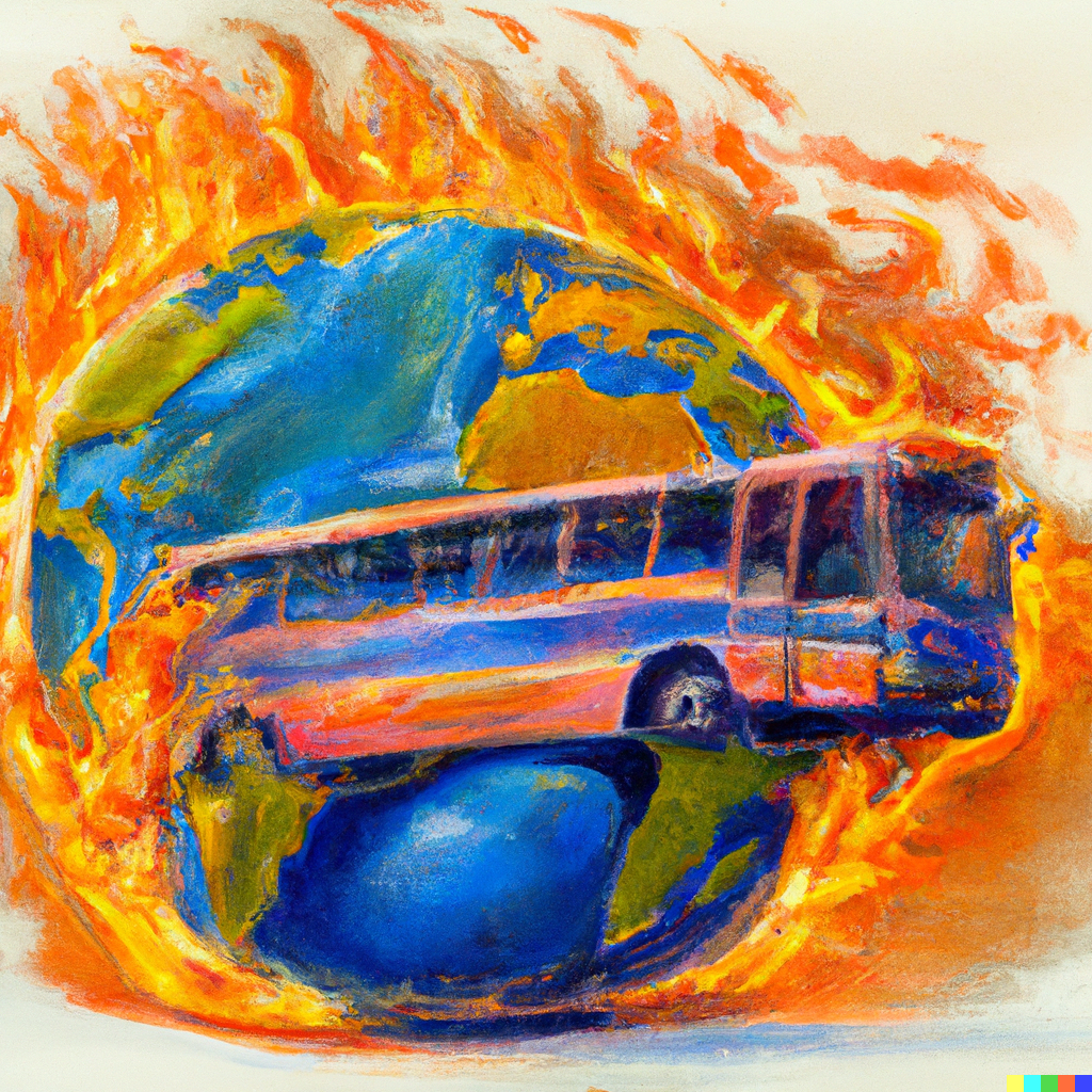 an intercontinental bus wrapped around a burning globe, oil painting